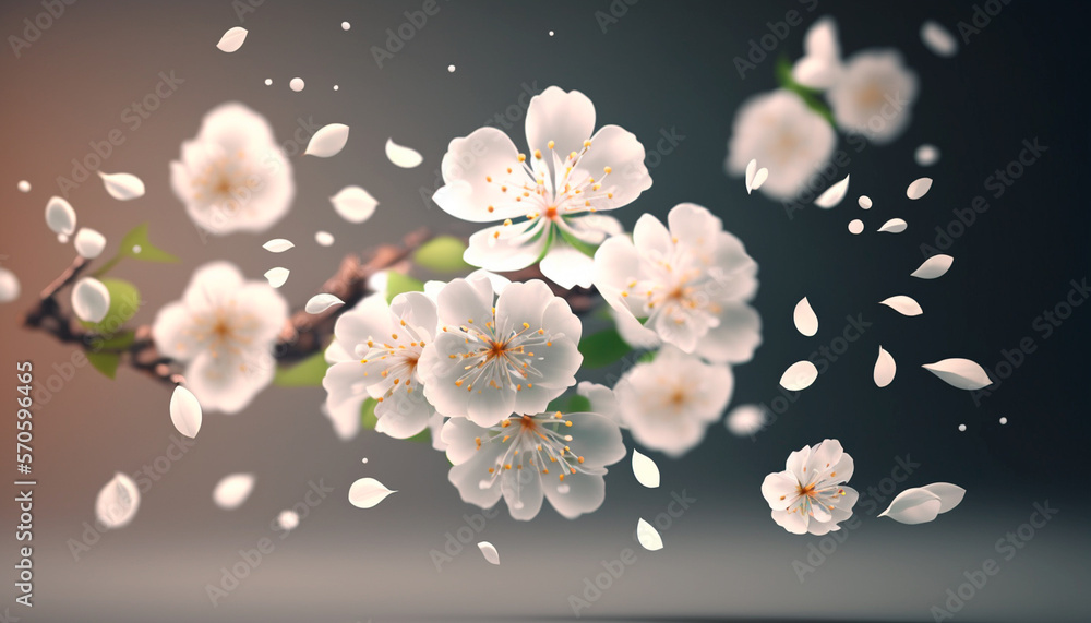 Beautiful flying pastel sakura flowers falling and levitating against dark background. Creative spring bloom or floral layout. Minimal birthday, Mother's, Valentines, Women's day or wedding concept
