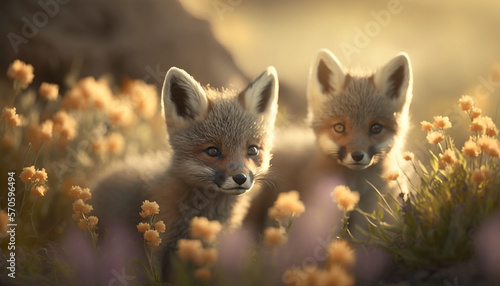 Romantic Wildlife Scene Spring easter flower field with baby foxes blurry cute baby animals. AI Generated Art.