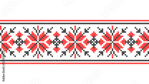 Ukrainian vector ornament, border, pattern. Ukrainian traditional geometric embroidery. Ornament in red and black colors. Pixel art, vyshyvanka, cross stitch