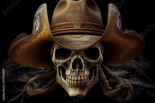 Human skull in a cowboy hat. AI generated.