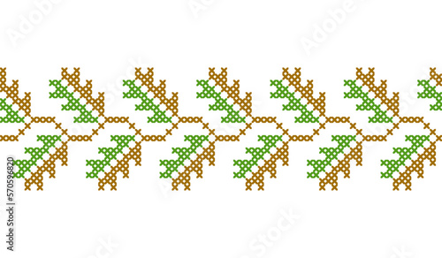 Ukrainian oak leaves vector ornament, border, pattern. Ukrainian traditional embroidery of oak leaf. Border in green color. Pixel art, vyshyvanka, cross stitch