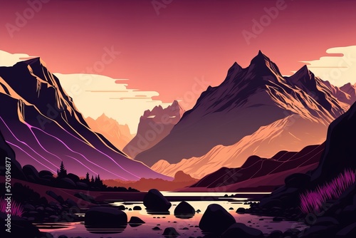 Landscape with silhouettes of mountains and Mountain river. Nature background Generative AI