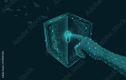 Hand touching the keyhole of the digital shield. Low poly. Concept about cyber security, password, online hacking.