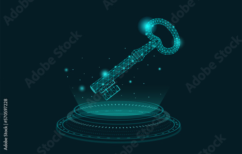 Holography Key float in the air. Low poly illustration. Concepts about the business key to success in a digital age, keywords, code, and data.