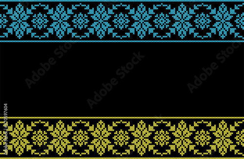 Ukrainian vector background, banner, poster.Traditional folk, ethnic ornament. Border in yellow and blue Ukrainian flag colors. Pixel art, vyshyvanka, cross stitch