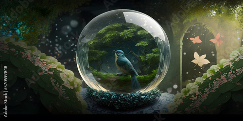 bird in crystal ball surrounded by the aura of a peaceful garden. Created with Generative AI