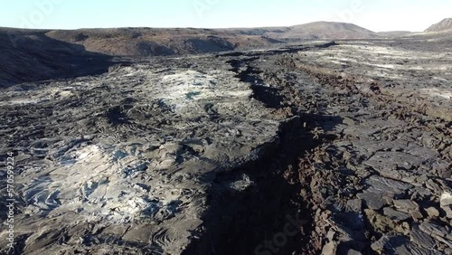 Fly over a cooled lava field. Volcano Fagradalsfjall, Reykjanes, Iceland