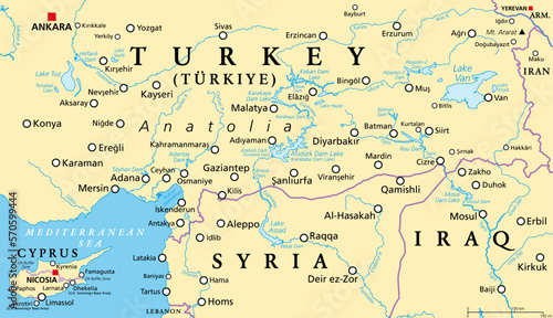 Part of the Turkish peninsula of Anatolia, political map, with Cyprus and northern Syria and Iraq. Eastern and Southeastern Anatolia, and Mediterranean Region. Geographical regions of Turkey, Türkiye.