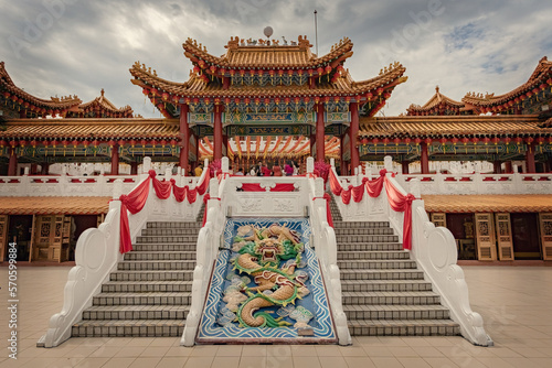 Photography Thean Hou temple exterior detail, traditional chinese temple in Kuala Lumpur Mal