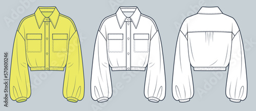 Crop Shirt technical fashion Illustration. Jacket fashion technical drawing template, button-down, long sleeve, elastic bottom and cuffs, pocket, front, back view, white, yellow, unisex CAD mockup set