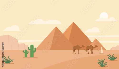 Egypt desert landscape. Egyptian pyramids with camels vector illustration