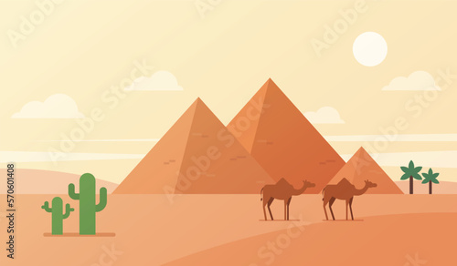 Egypt desert landscape. Egyptian pyramids with camels vector illustration