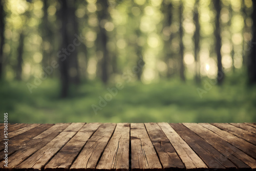 Forest background and wooden plank desk. Product placement template. Copy space for packshot. Generative AI
