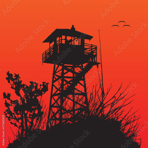 Watchtower silhouette in black color in sunset gradient background, watchtower vector illustration