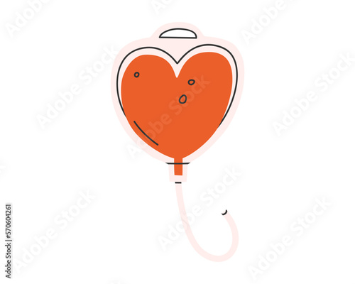 Hand drawn cute illustration of blood bag in the heart shape. Flat vector transfusion and blood donation concept in colored doodle style. Charity, donor, medicine sticker, icon or print. Isolated.