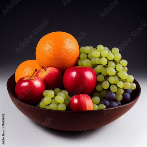 Bowl of delicious fruit - generative ai illustration  apple  grapes and oranges