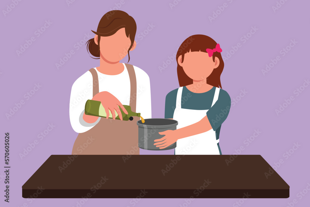 Cartoon flat style drawing of happy mother and her little daughter pour oil into pan which is being held by one of them. Cooking preparation in cozy kitchen at home. Graphic design vector illustration Cartoon flat style drawing of happy mother and her little daughter pour oil into pan which is being held by one of them. Cooking preparation in cozy kitchen at home. Graphic design vector illustration