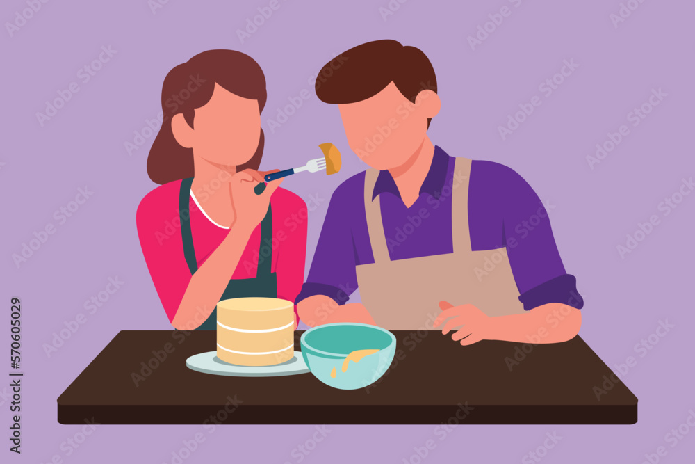 Character flat drawing husband tasting sweet cake food given by his young beautiful wife. Happy romantic couple cooking for lunch together in cozy kitchen at home. Cartoon design vector illustration Character flat drawing husband tasting sweet cake food given by his young beautiful wife. Happy romantic couple cooking for lunch together in cozy kitchen at home. Cartoon design vector illustration