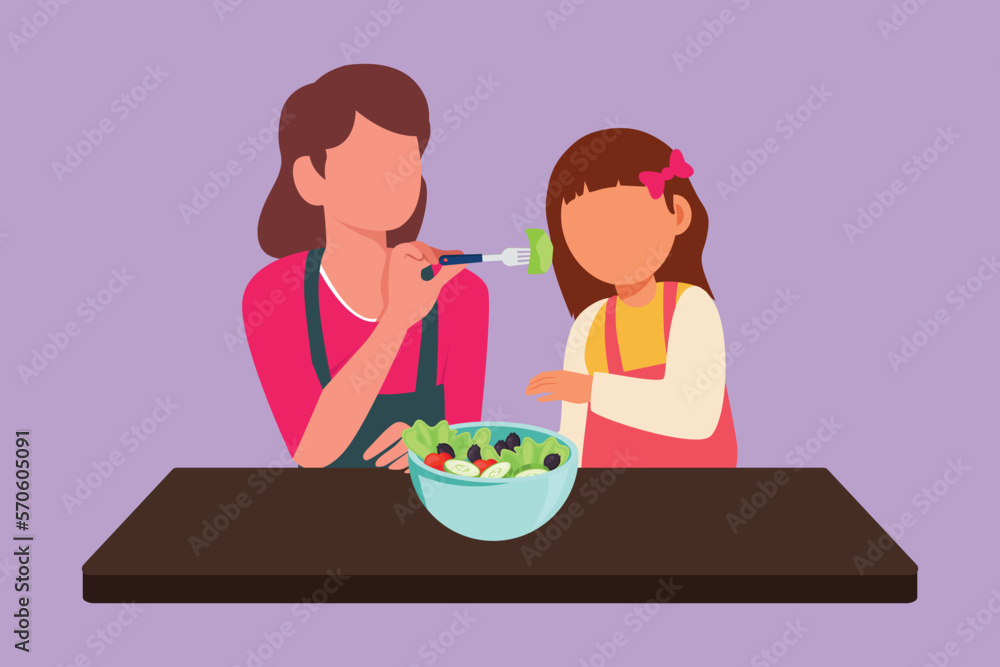 Graphic flat design drawing mother feeds her little daughter food and in front of her is bowl filled with salad. Happy mom and child cooking together in cozy kitchen. Cartoon style vector illustration Graphic flat design drawing mother feeds her little daughter food and in front of her is bowl filled with salad. Happy mom and child cooking together in cozy kitchen. Cartoon style vector illustration