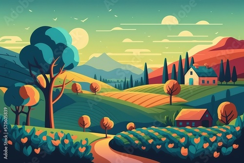 illustration of beautiful countryside landscape with fields, dawn, green hills, farm, houses, trees, bright color blue sky, background in flat cartoon style Generative AI