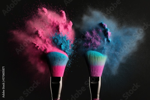 Make-up brush with cyan and magenta powder explosion on black background, AI generative.