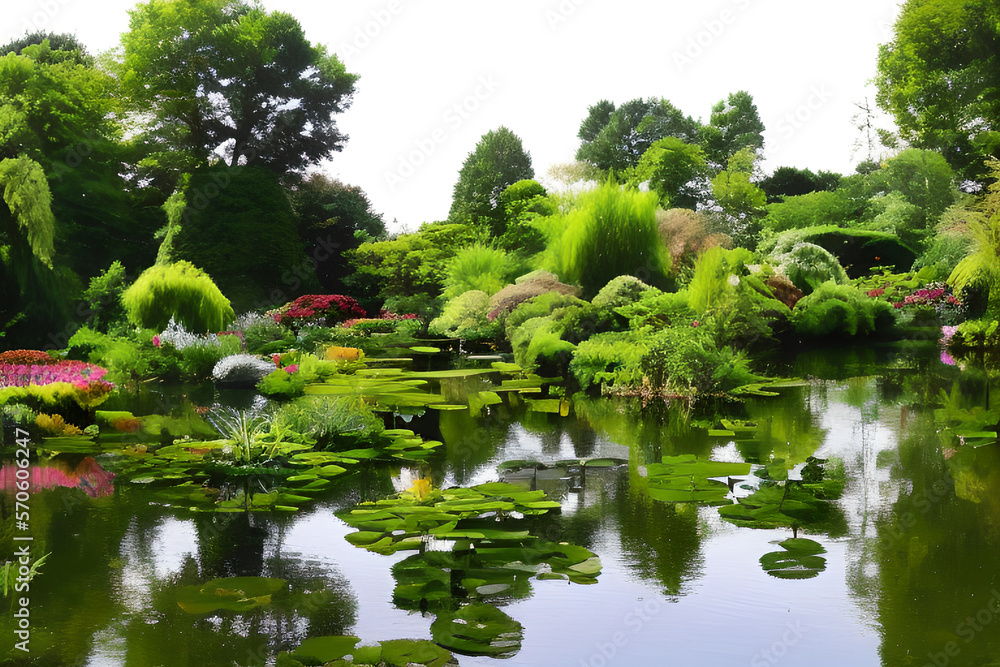 A beautiful botanic garden with a tranquil pond