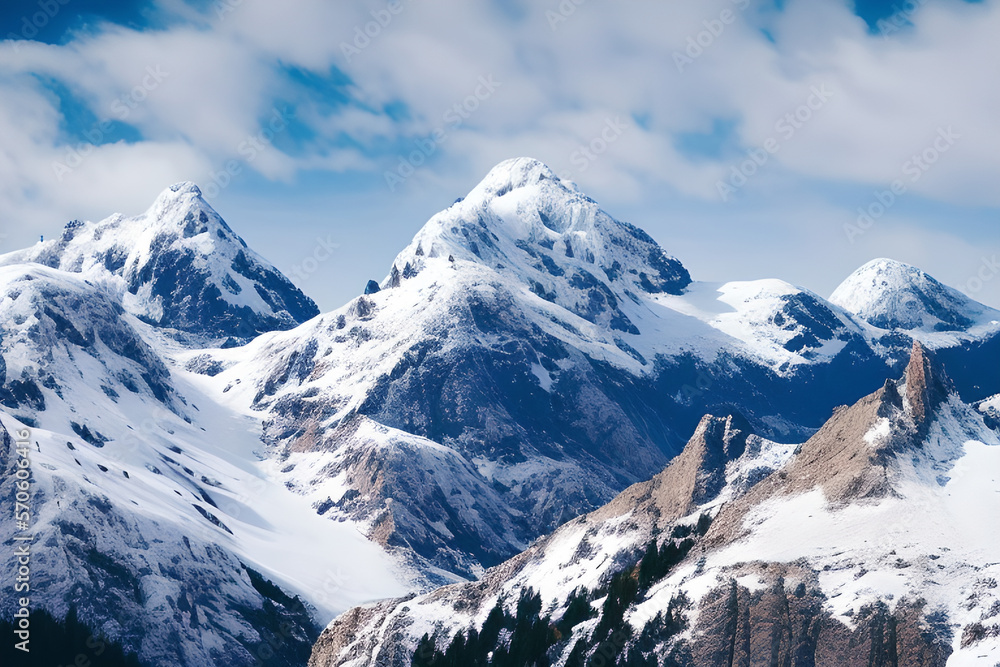 A stunning mountain range with snow-capped peaks