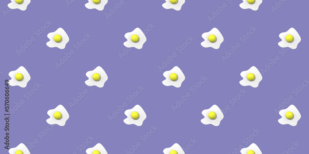 pattern. Image of chicken egg on pastel blue purple backgrounds. Egg with round yolk. Surface overlay pattern. 3D image. 3D rendering. Horizontal image. Banner for insertion into site.