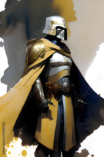 Canvas Print A futuristic sci-fi knight in white and gold armour with a cloak
