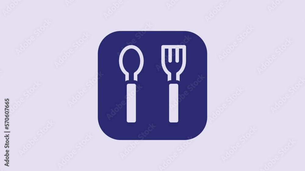 Blue Fork and spoon icon isolated on purple background. Cooking utensil. Cutlery sign. 4K Video motion graphic animation Blue Fork and spoon icon isolated on purple background. Cooking utensil. Cutlery sign. 4K Video motion graphic animation