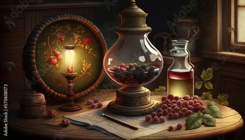 Witch s room. Magic lamp  candle and berries for ritual. Generated by AI