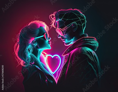 neon light couple valentine day romantic,  generative ai photo