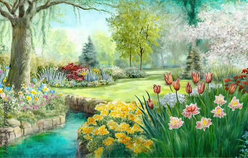 Spring Garden Landscape, Painting, Generative AI