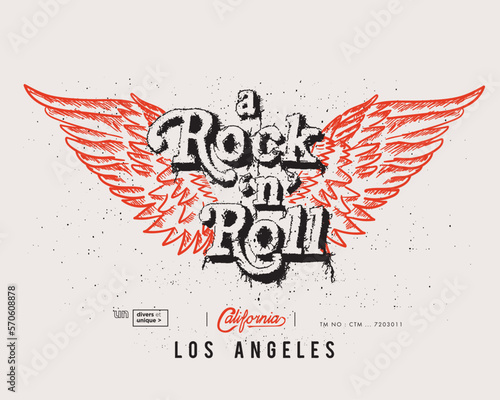 Wing a Rock n roll, California Los Angeles, Rock music print, wings hipster vintage label, graphic design with grunge effect, tee stamp, artwork lettering vector 