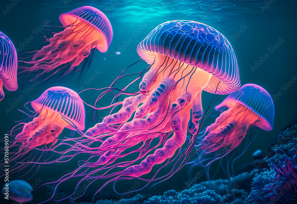jellyfish in the sea created with Generative AI technology - obrazy, fototapety, plakaty 