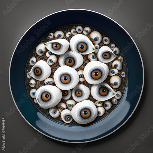 Mushrooms with Big Eye on Plate, Fantastic Looking Fungus, Watching Mushroom, Generative AI Illustration photo