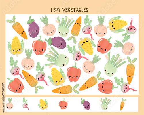 I spy vegetables matching activity for children. . Educational game for kids homeschooling. Find and count printable worksheet © Jane Lane