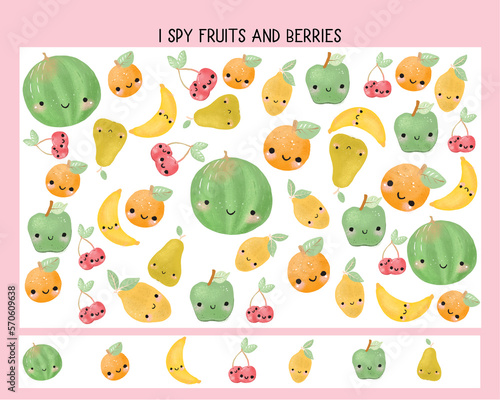 I spy fruits and berries matching activity for children. . Educational game for kids homeschooling. Find and count printable worksheet