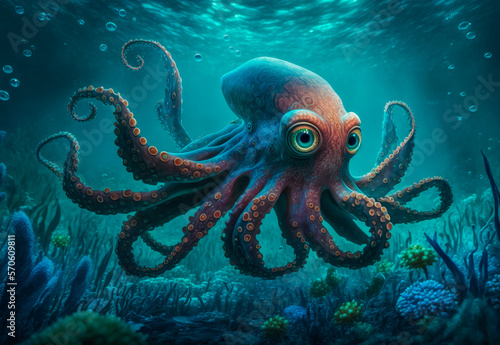 octopus in the sea created with Generative AI technology