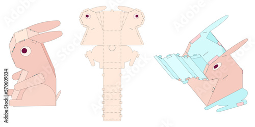 Rabbit  Shaped Folding Gift Box Design. Pinata for Children's Crafts and Holiday. Three-Dimensional Laser Cutting Template. Cardboard Die Cut Fully  Functional. No Glue Needed.