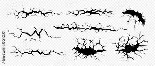 Cracks set for fault effect, earth drying, wall destruction, earthquake. Isolated objects set. Vector illustration