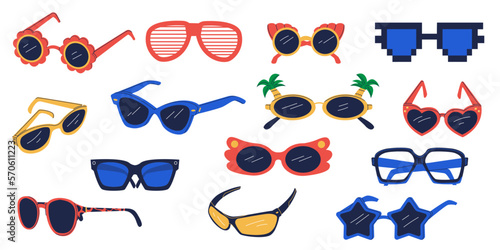 Party glasses. Funny sunglasses hippy groovy psychedelic retro style, cartoon geometric fashion eyewear icons different frames and forms. Vector collection