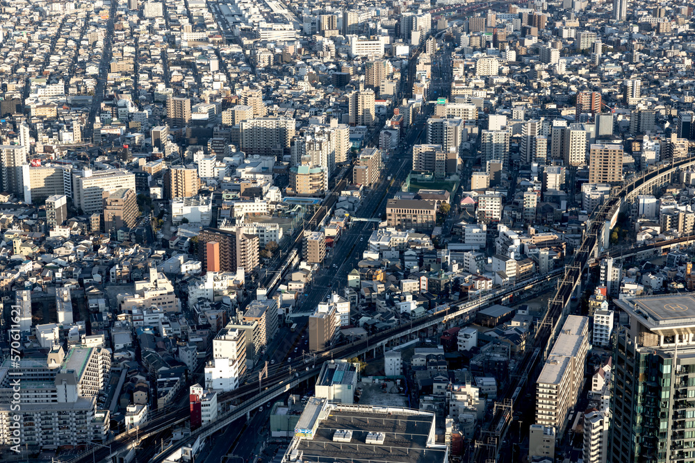 Panoramic view of the city from the observatory in Osaka, Japan