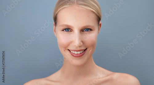 Blond woman beauty portrairt. Skincare and cosmetology concept. Healthy smooth glowing skin. Facial treatment photo