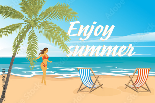 Beautiful summer background with beach. Beach, Sea, Palm Trees. Vector Background. Beach Chair. A girl in a red swimsuit on the beach