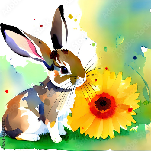 Digital Watercolor Easter bunny with Easter eggs