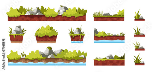Grass and rocks. Cartoon doodle stones bush tree leaves moss shrub, natural forest garden plant elements different shapes for game asset. Vector isolated collection