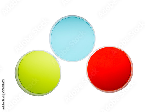Petri dishes with colorful agar isolated with cut out background. 