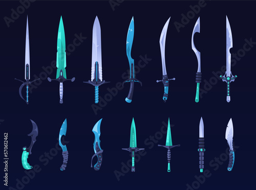 Fantasy sword weapon. Battle competition set of medieval blade knife sabre rapier dagger, cartoon warrior rpg asset elements. Vector collection