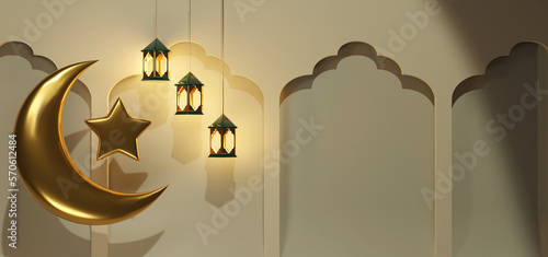 Horizontal 3d render golden crescent and star with lanterns near arc on background. Turkish and arabian decoration for website banner or greeting card for Ramadan Kareem celebration